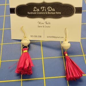 Tassel & Bead Pink & Gold Earrings 2"